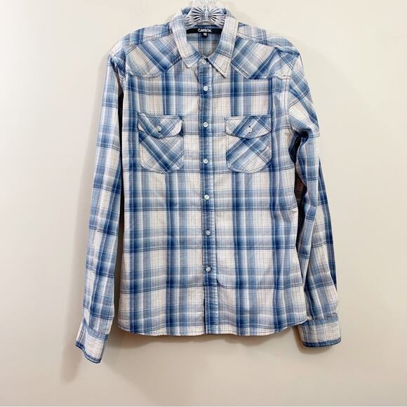 Carbon Slim Fit Plaid Blue/Cream Button Down Long Sleeve Shirt - Picture 1 of 5